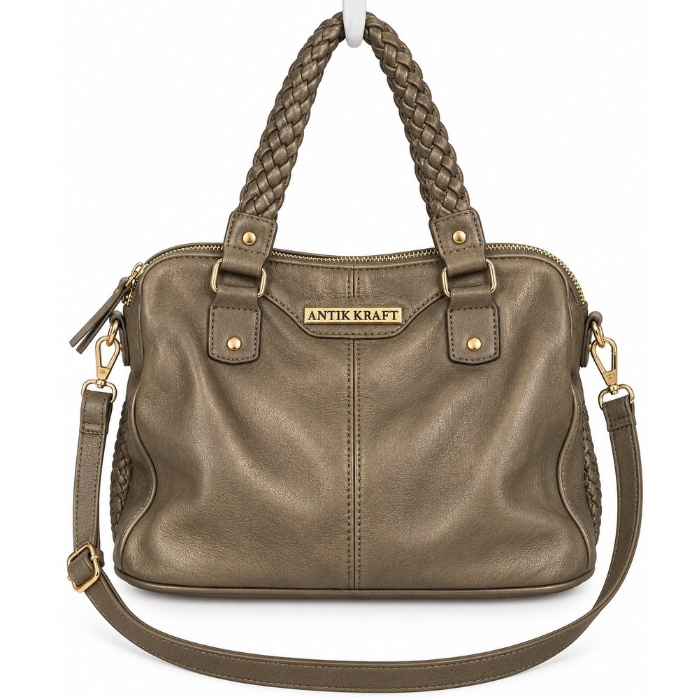 Antik Kraft Braided Satchel Purse Bronze Olive Green Faux Leather Crossbody Bag